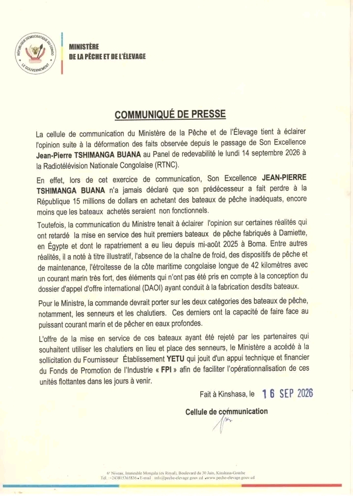 RDC : la cellule de communication du ministère de la Pêche dément toute accusation contre l’ancien ministre et précise le dossier des bateaux de pêche