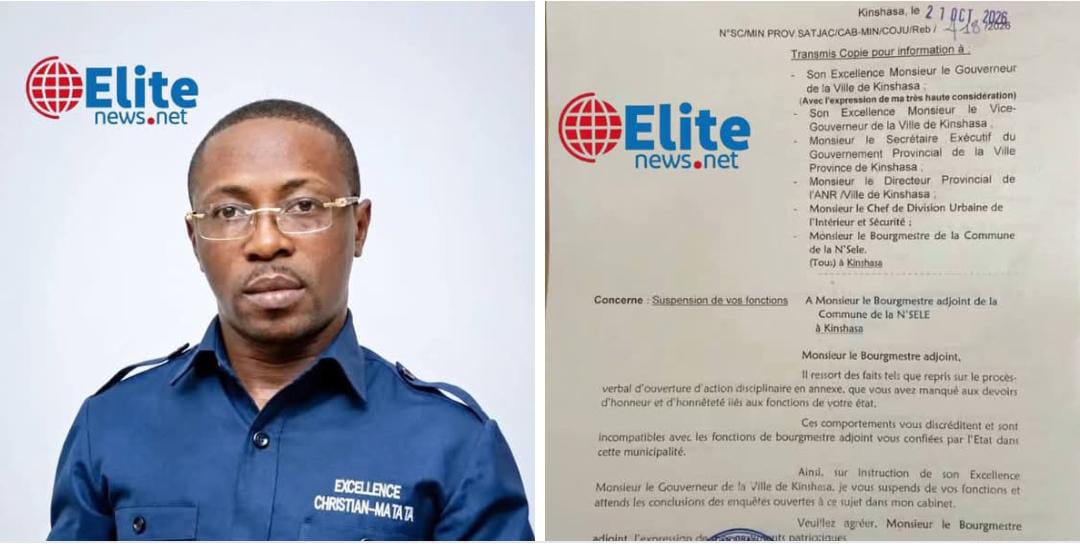 🚨 Urgent : Le Bourgmestre adjoint de la commune de la N’sele, Christian Matata, suspendu de ses fonctions