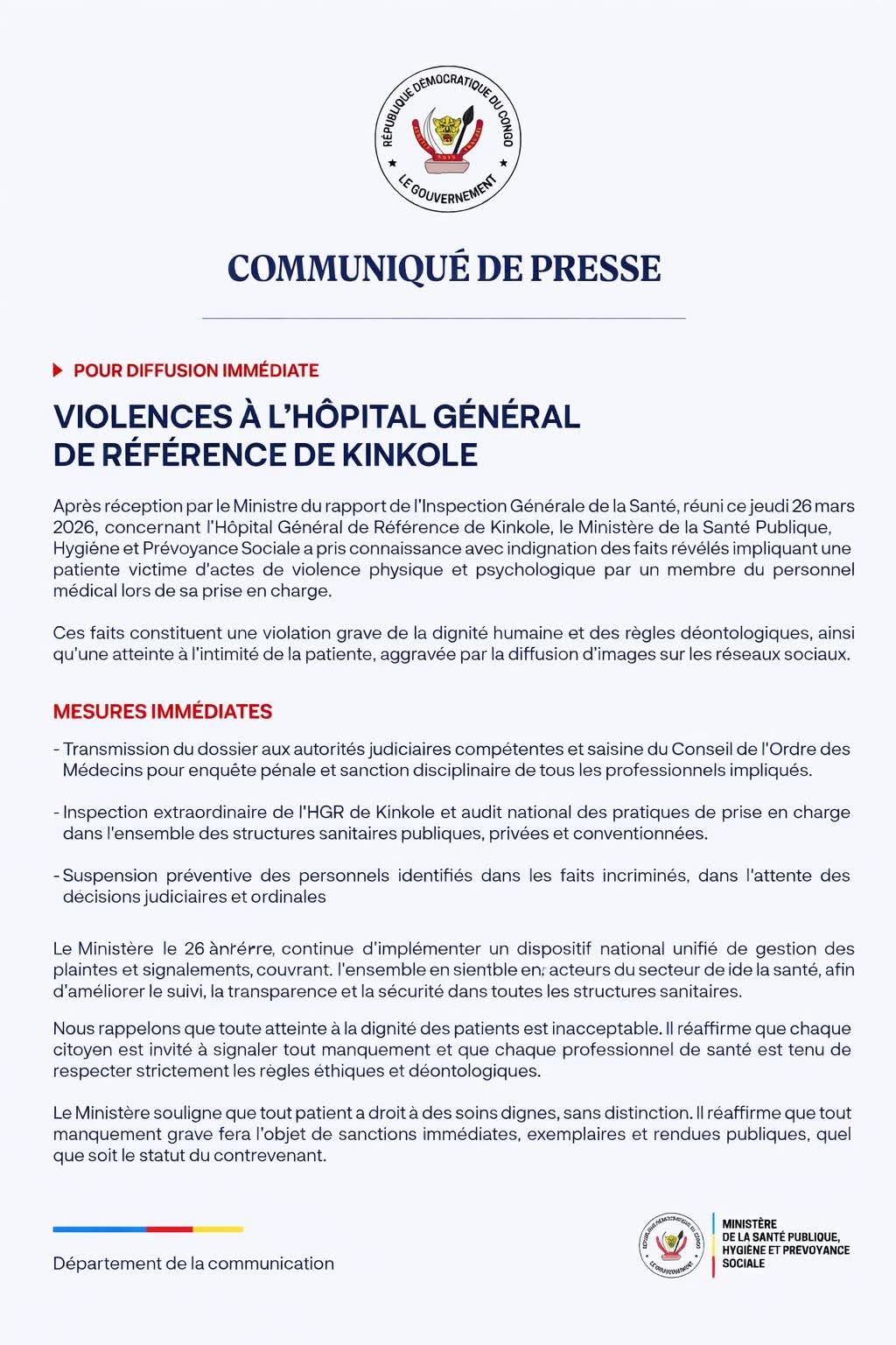 Kinshasa : sanctions et enquête après des violences sur une patiente à l'hôpital de Kinkole