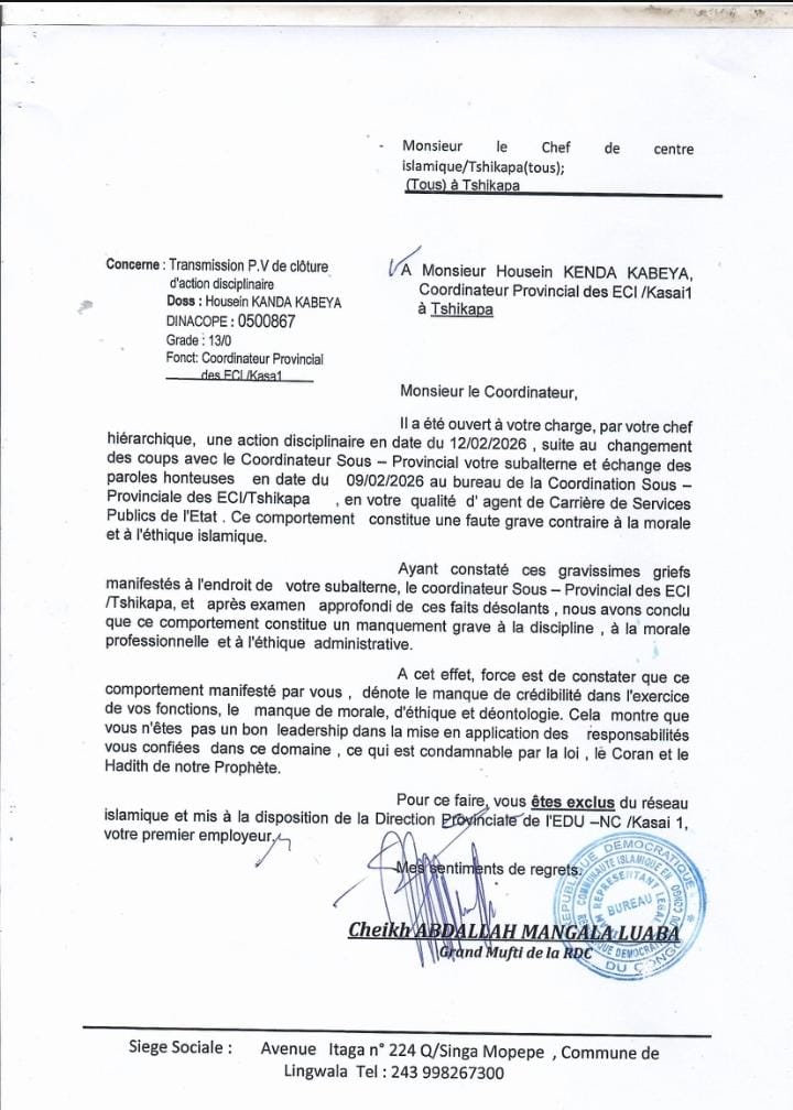 Kasaï : L'exclusion d'un ex coordinnateur des écoles conventionnées islamiques COMICO saluée par les agents