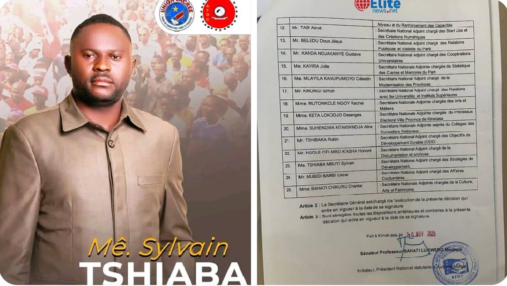 Politique : Maître Sylvain Tshiaba nommé Secrétaire national adjoint en charge des stratégies de développement à l'AFDC du Professeur Modeste Bahati Lukwebo