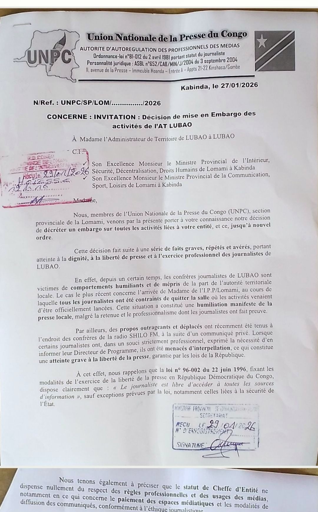 Lomami : un embargo médiatique imposé à l’Administrateur du Territoire de Lubao pour atteinte à la liberté de presse, par l'UNPC