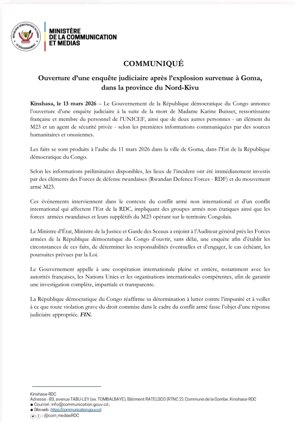 RDC : Le gouvernement annonce l'ouverture d'une enquête judiciaire après une explosion survenue à l'aube du 11 mars à Goma