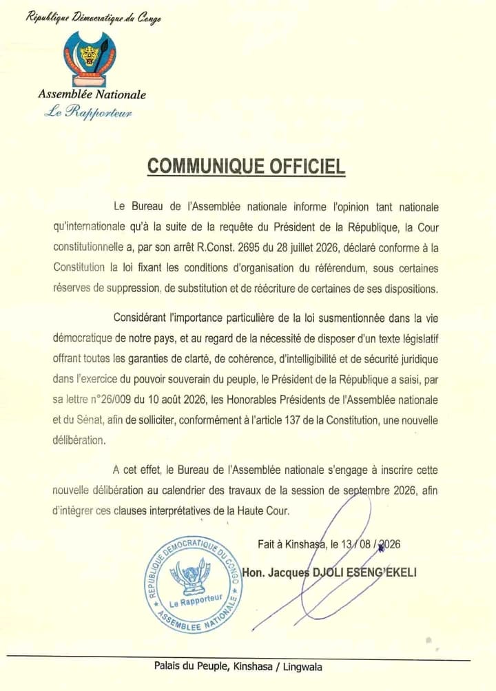 Référendum : l’Assemblée nationale annonce une nouvelle délibération en septembre pour intégrer les réserves de la Cour constitutionnelle formulées dans son arrêt du 28 juillet 2026.