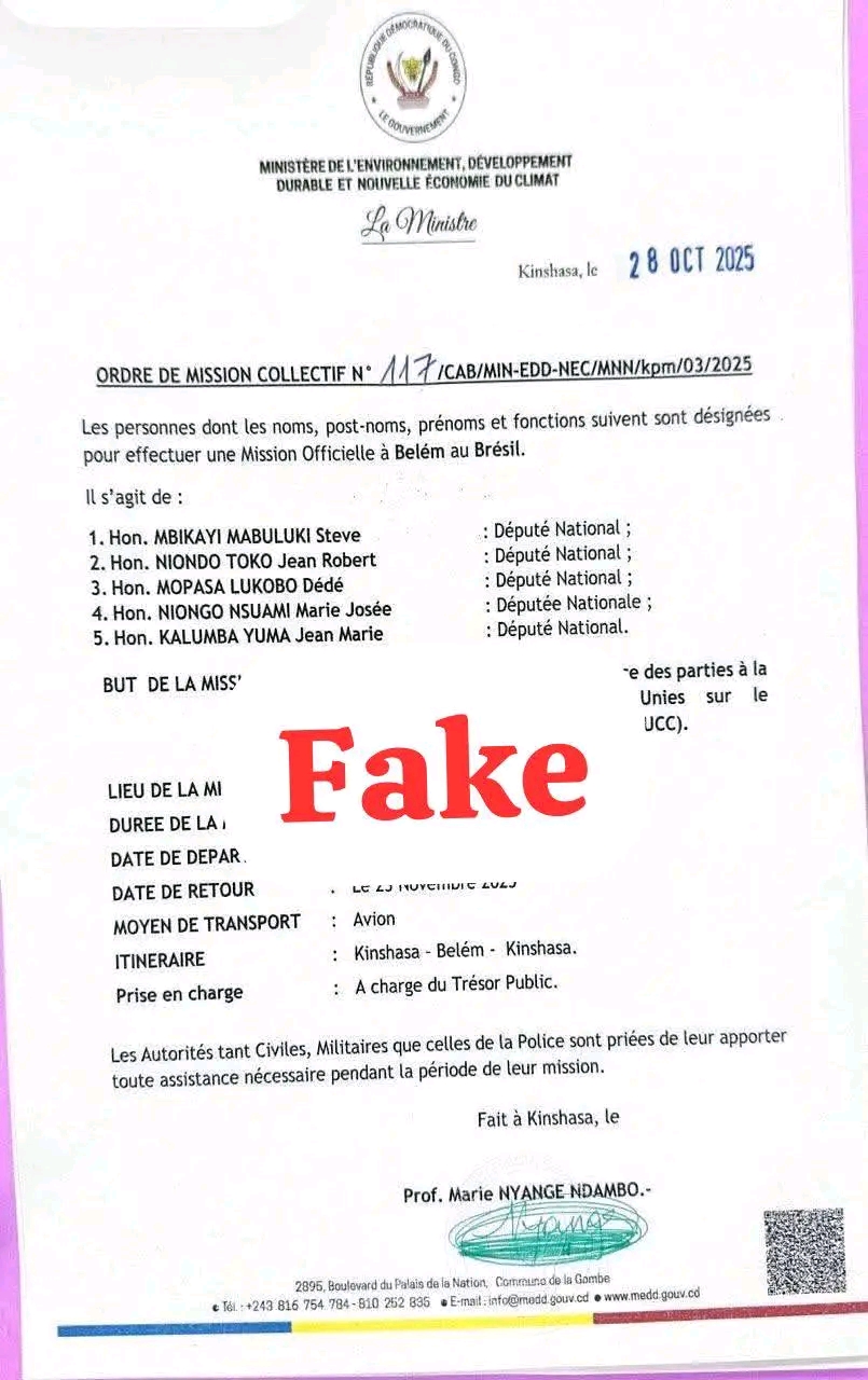 RDC : La ministre de l’environnement dénonce un faux ordre de mission circulant à son nom sur les réseaux sociaux